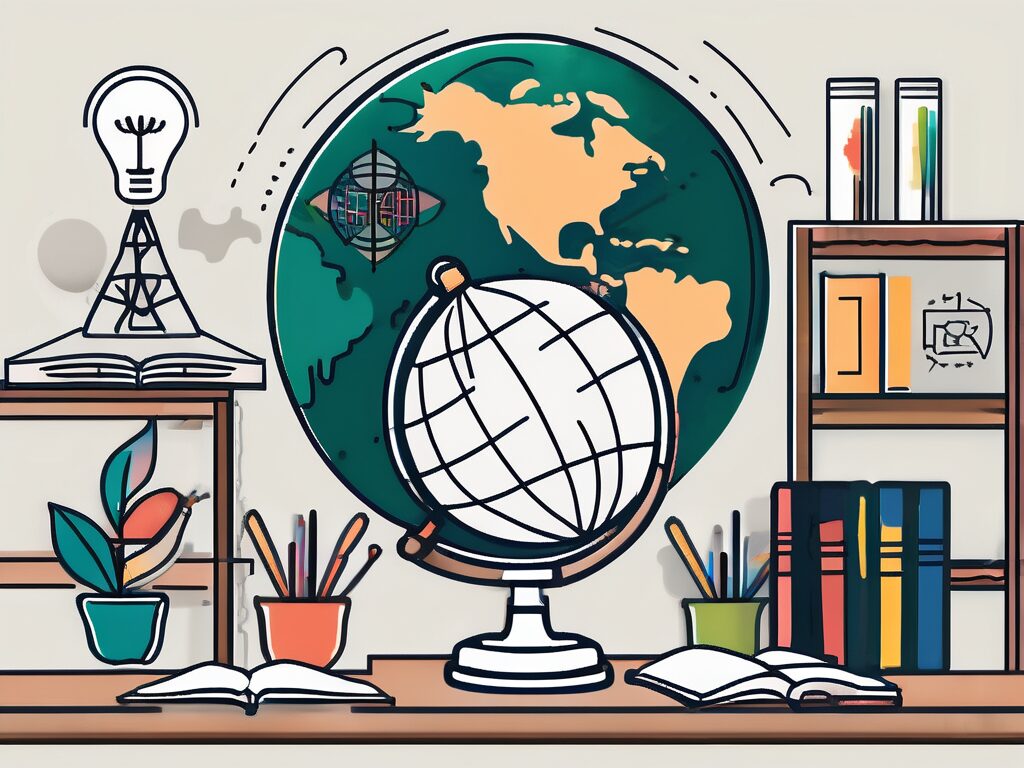 A classroom setting with various educational tools like books