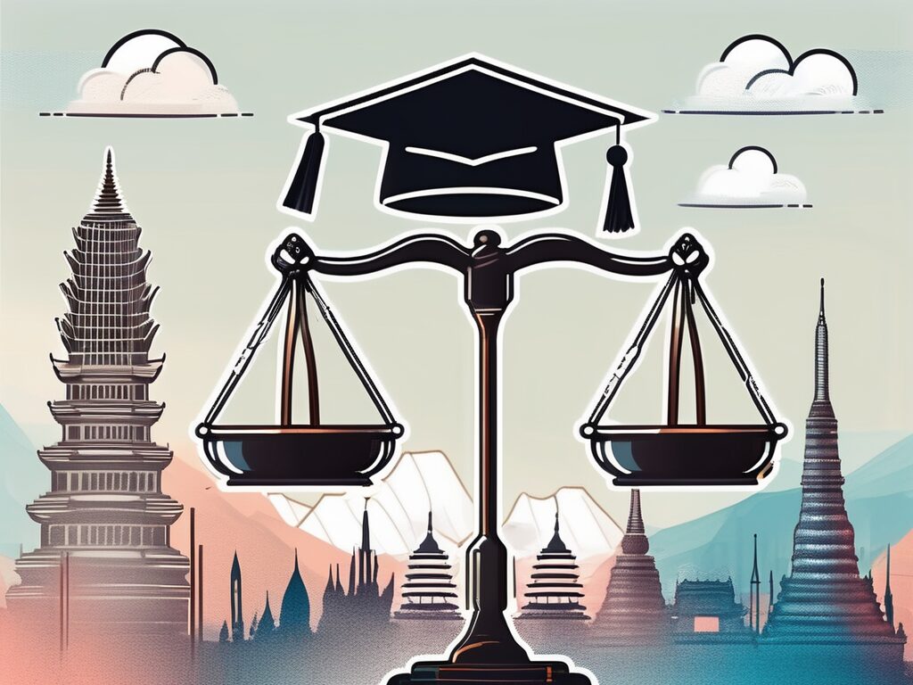 A balanced scale with a graduation cap on one side and an iqts (international quality testing system) symbol on the other
