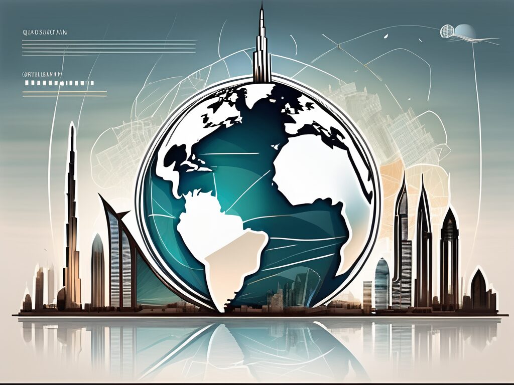 The dubai skyline with elements of a classroom setting like a globe