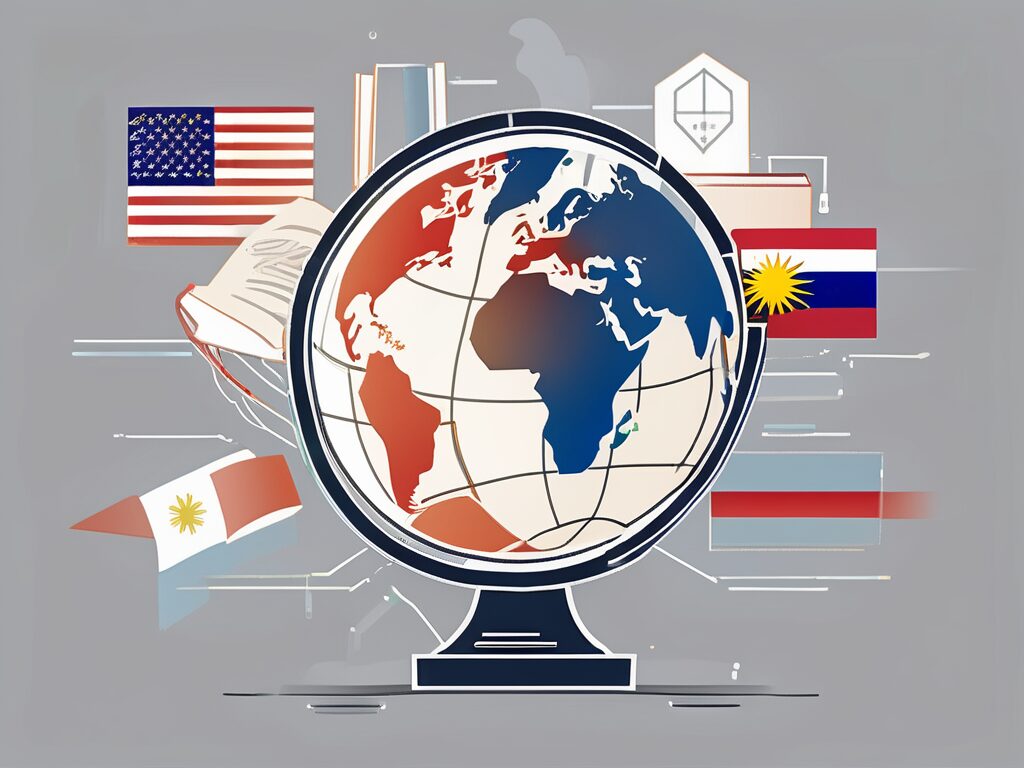 A globe integrated with various educational tools such as books and a graduation cap