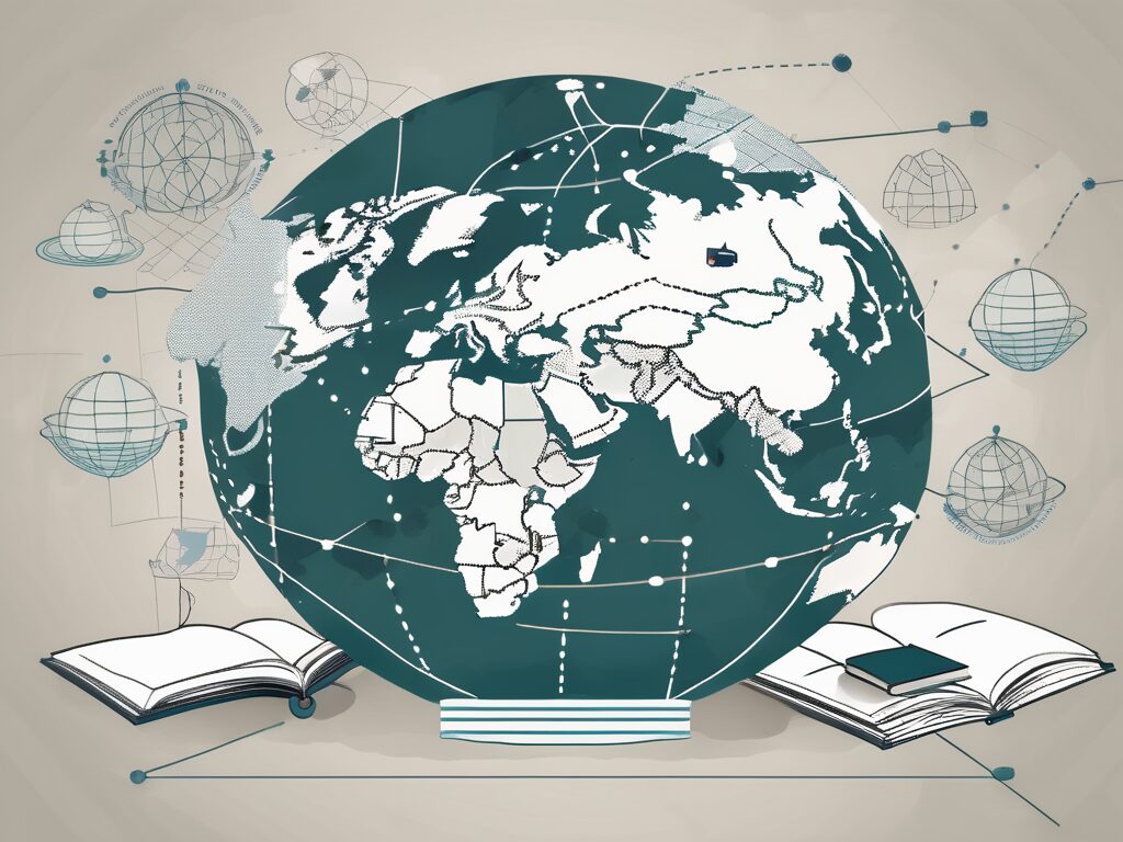A globe with symbolic icons of education like a book