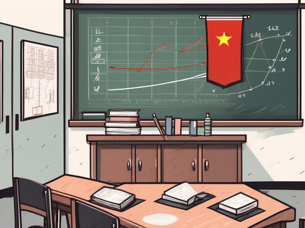 A classroom in china with symbolic elements representing government policies and iqts teacher issues