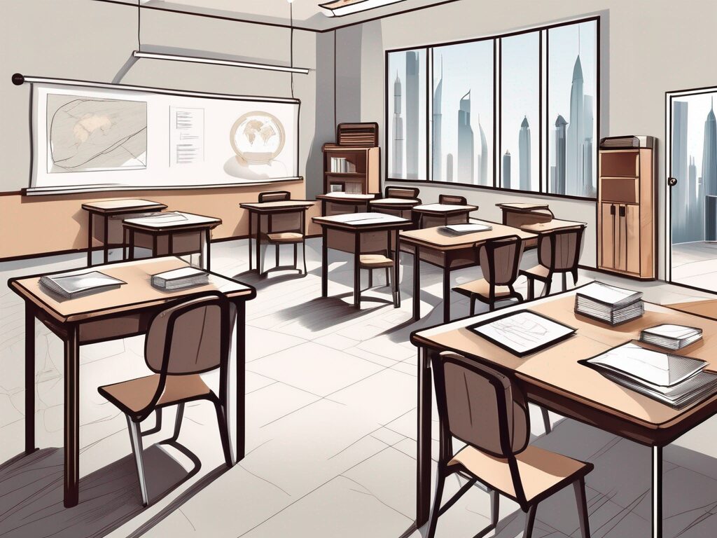 A classroom setting in dubai with various educational tools and policy documents