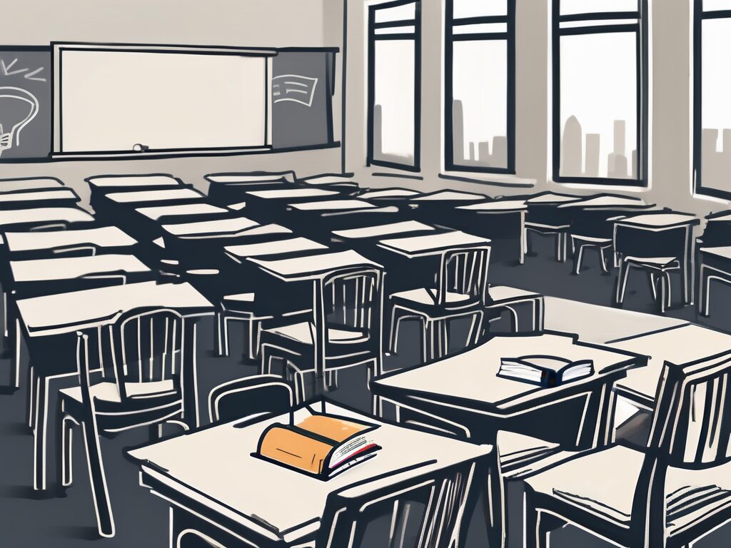 A classroom setting in dubai with empty chairs and desks