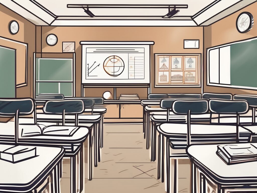 A classroom setting in thailand with various educational tools and symbols representing government policies