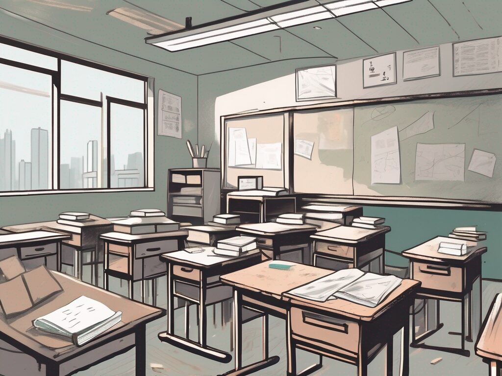 A classroom setting in hong kong with visible signs of disrepair and neglect