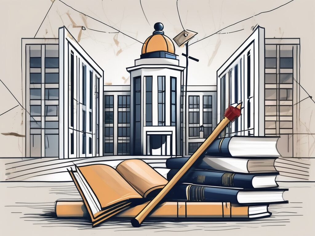 A malaysian university building with symbolic elements such as a broken pencil
