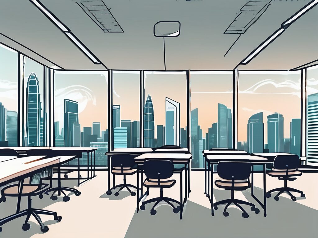 A classroom setting in singapore with high-tech teaching equipment and the iconic singapore skyline visible through the window