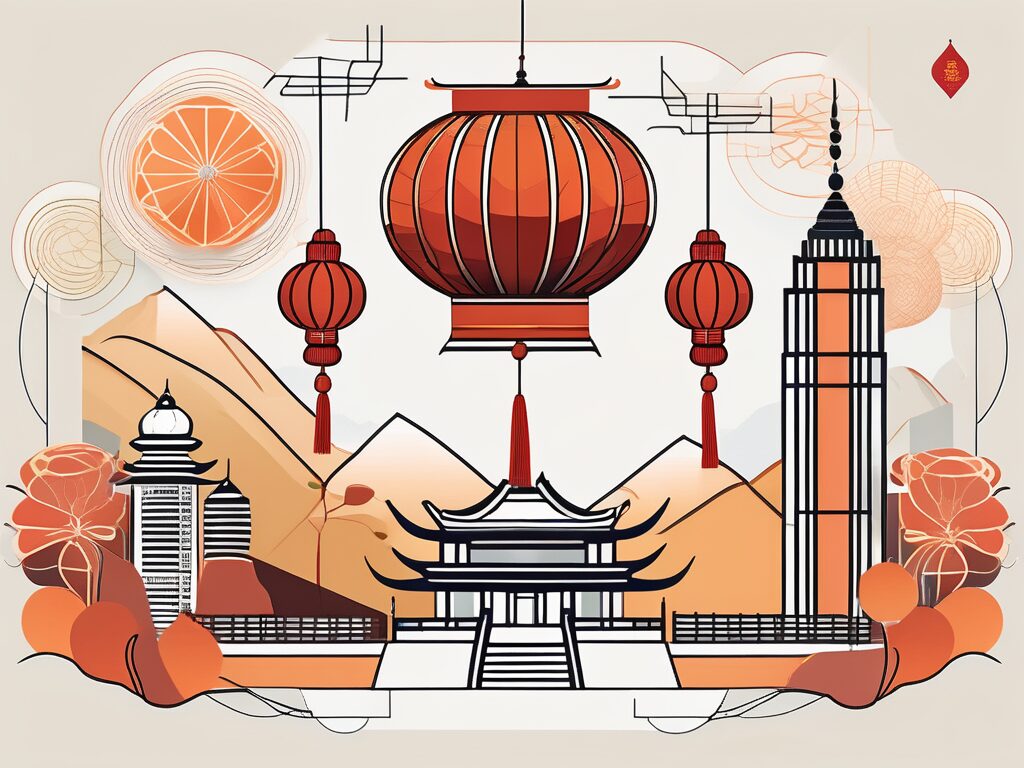 A diverse array of symbolic cultural items (like a chinese lantern