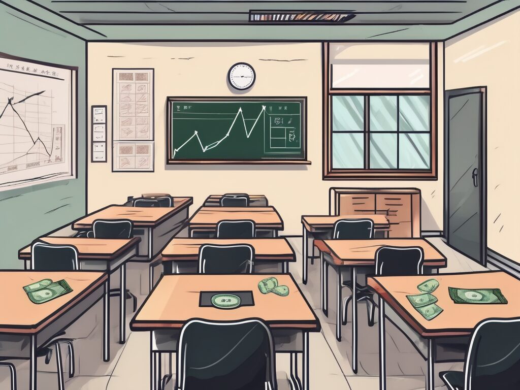 A classroom setting in hong kong with a chalkboard showing various international currency symbols
