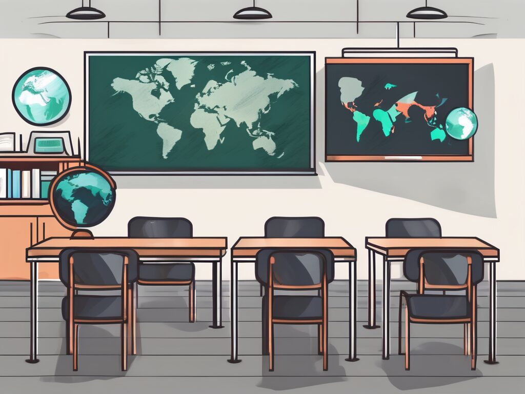 A classroom setting in malaysia with a chalkboard displaying various currency symbols