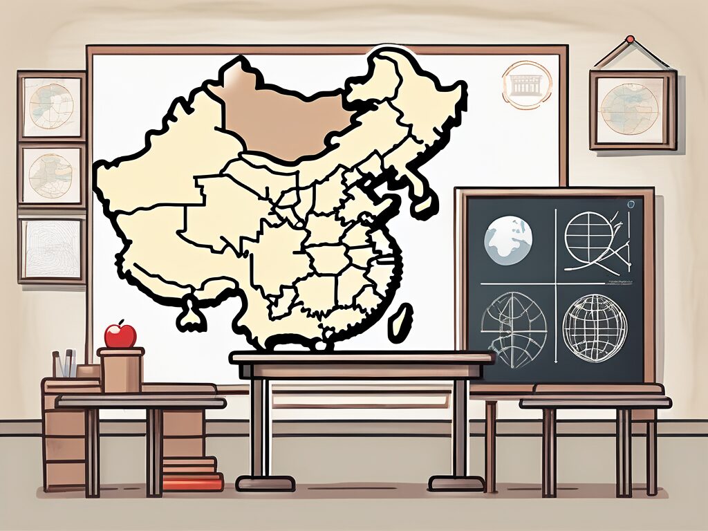 A classroom setting with various international symbols