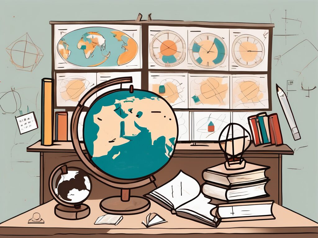 A hong kong classroom setting with diverse educational tools and symbols representing international teaching issues such as a globe