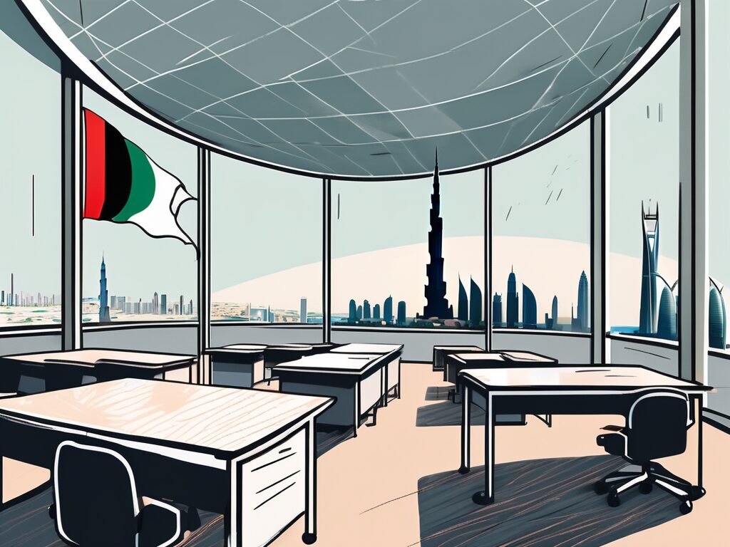 A classroom with an empty teacher's desk