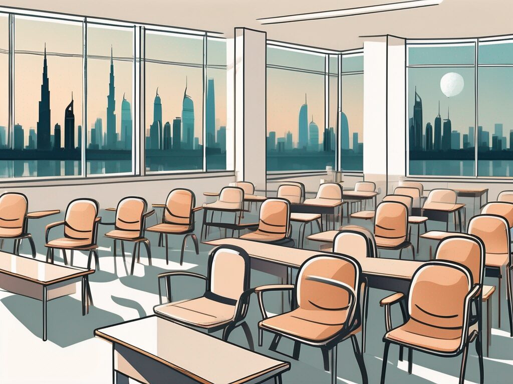 A diverse set of empty classroom chairs and desks with a backdrop of iconic dubai landmarks