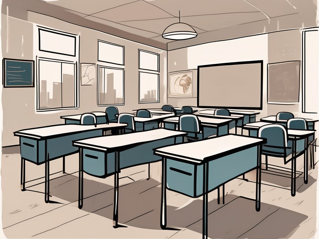 A classroom setting in malaysia with empty chairs and desks