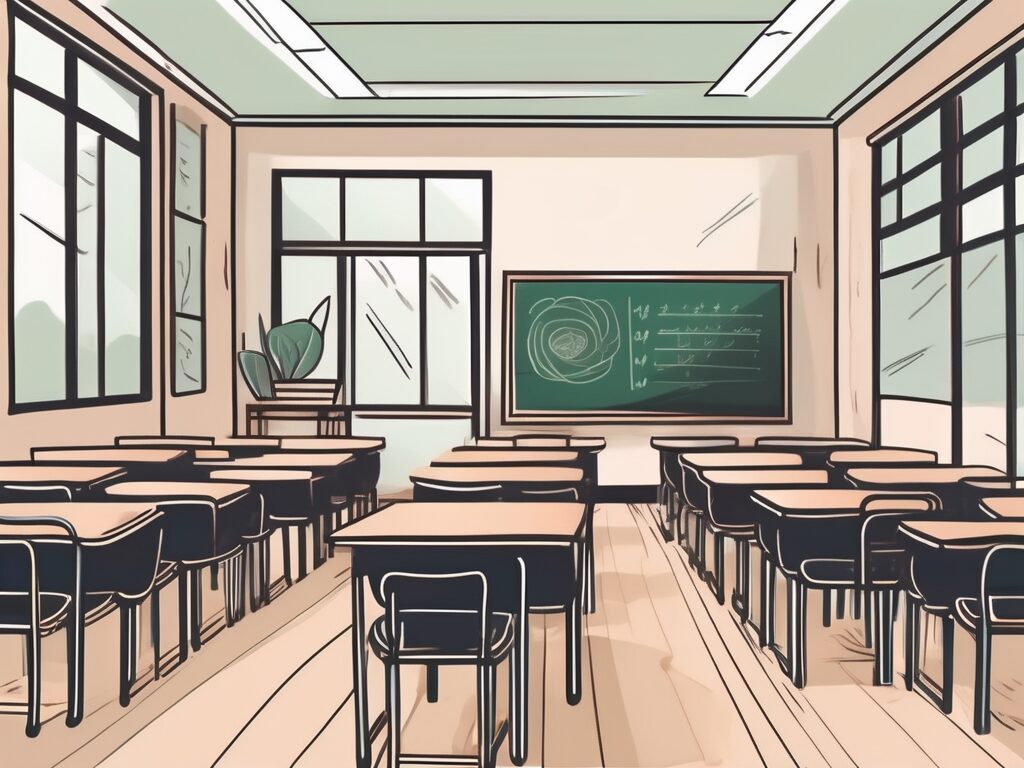 A classroom setting with empty chairs and desks