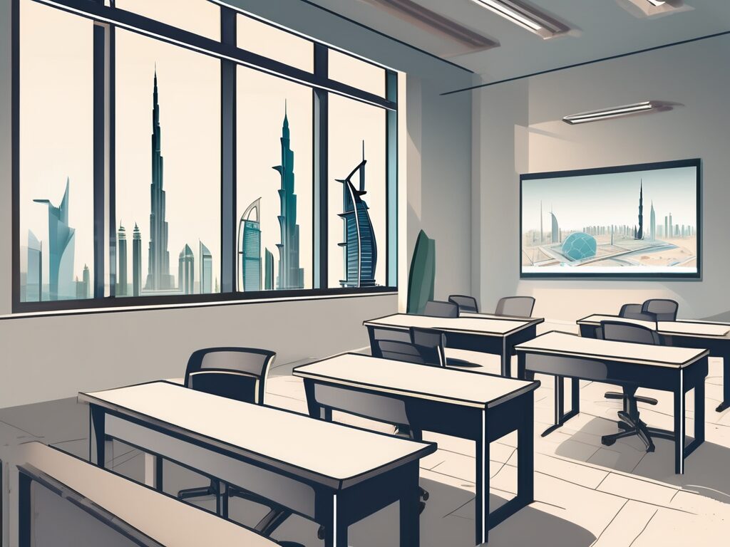 A classroom setting in dubai with iconic landmarks visible through the window