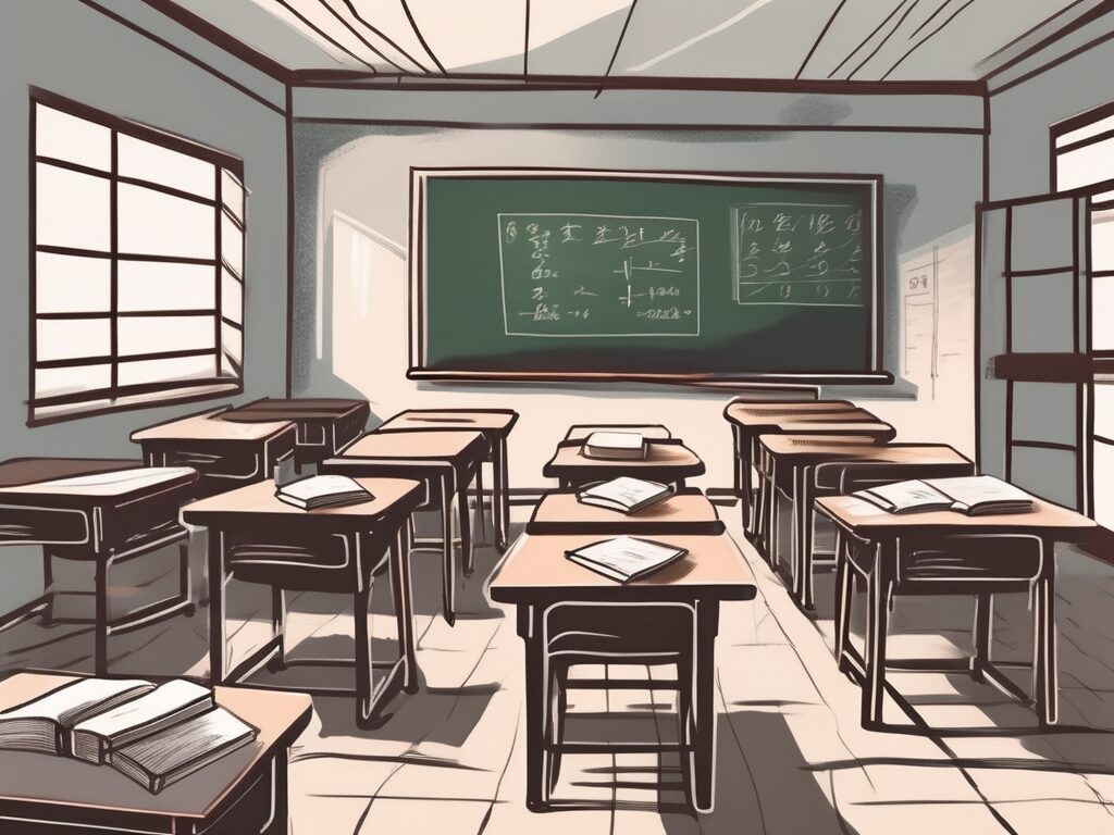 A classroom setting in china with empty desks and chairs
