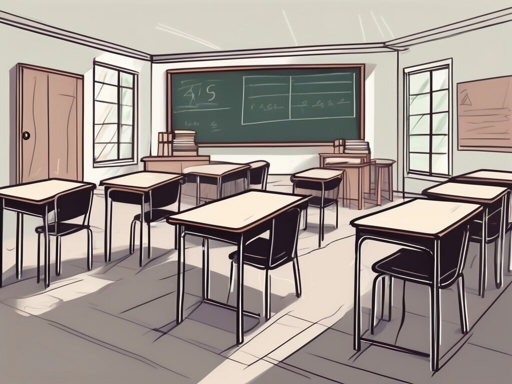 A classroom setting in thailand with empty desks and chairs