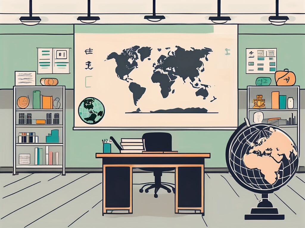 A classroom with a chalkboard displaying various currency symbols