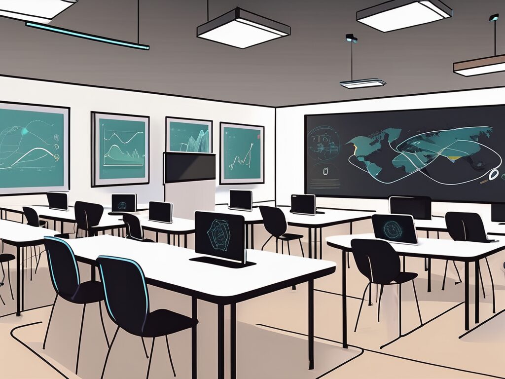 A classroom in dubai featuring an interactive quality teaching system (iqts) with various engagement tools such as digital tablets
