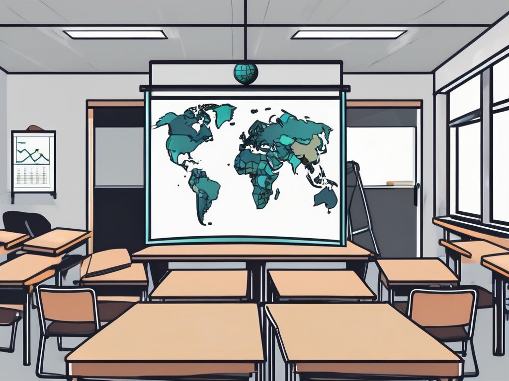 A classroom setting in malaysia with an interactive quality teaching system (iqts) at the front