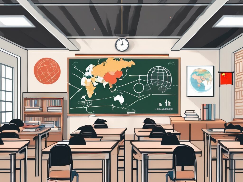 A classroom setting in china with an iqts (international qualification for teacher standards) symbol on the blackboard