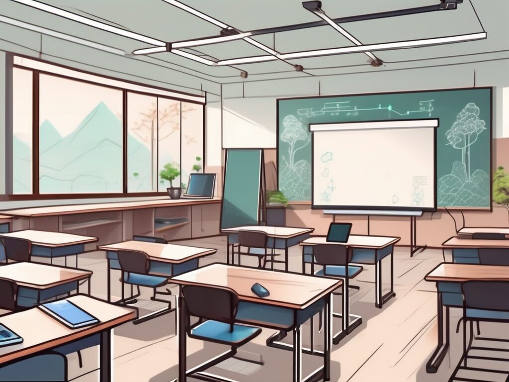 A modern chinese classroom equipped with advanced technology such as smart boards