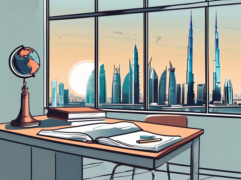 A modern classroom setting in dubai with a tefl (teaching english as a foreign language) book on the teacher's desk