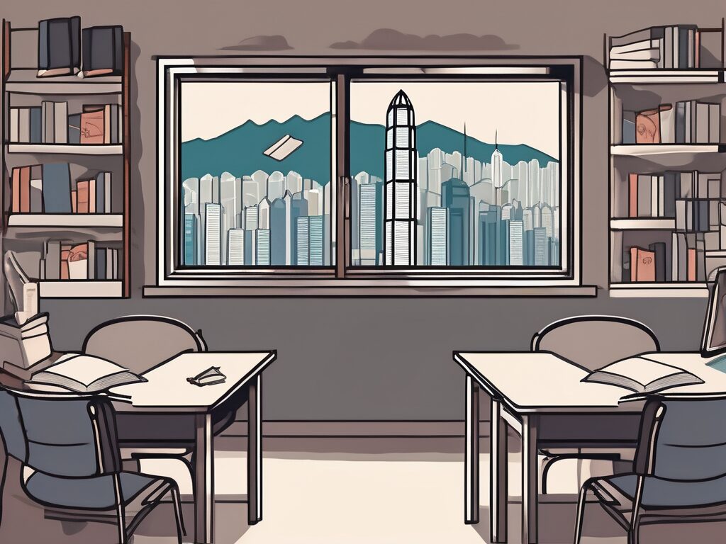 A classroom setting in hong kong with tefl books on the desk and iconic hong kong landmarks visible through the window