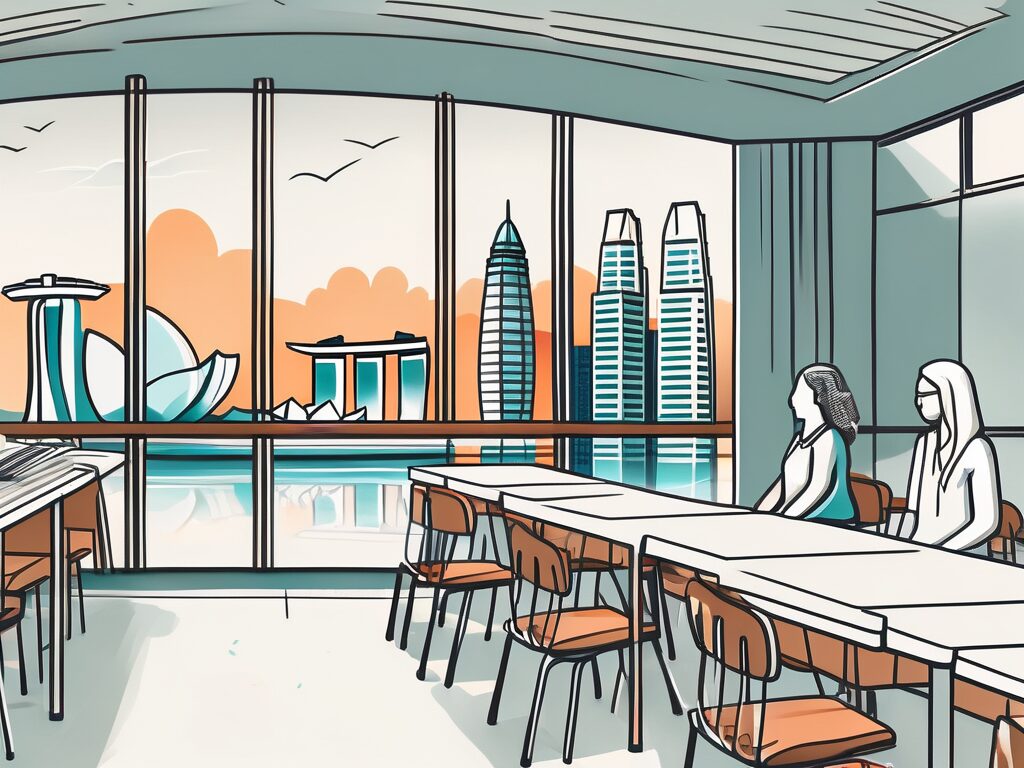 A classroom setting with iconic landmarks of singapore