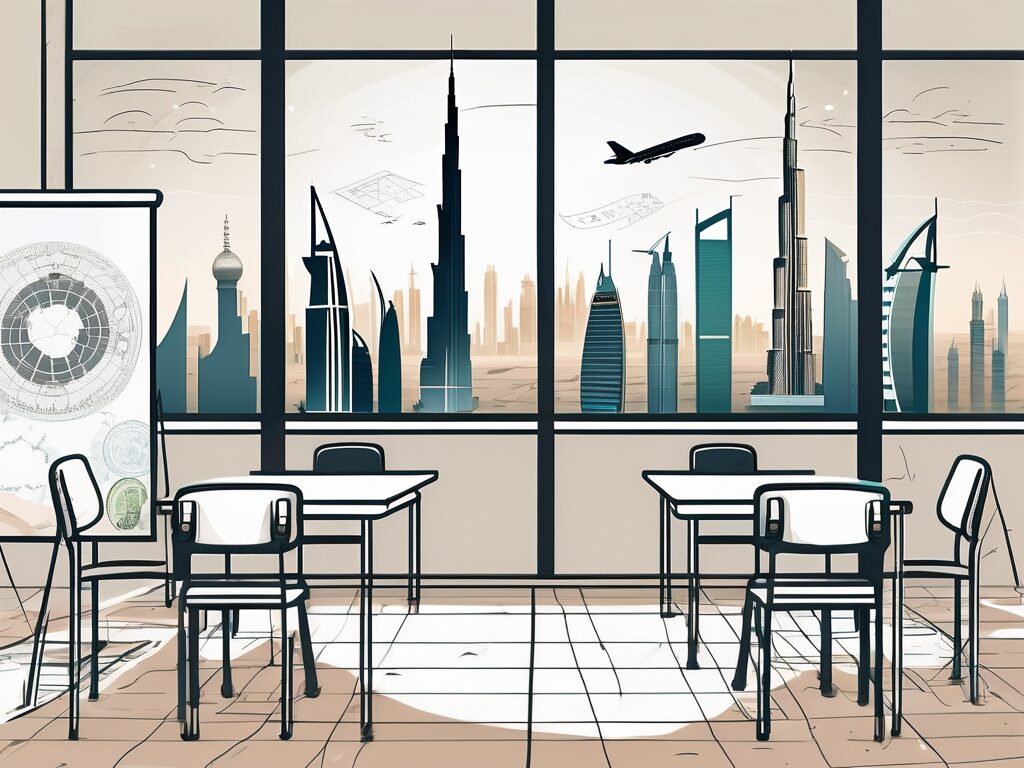 A classroom setting with a view of iconic dubai landmarks like the burj khalifa and the palm jumeirah in the background