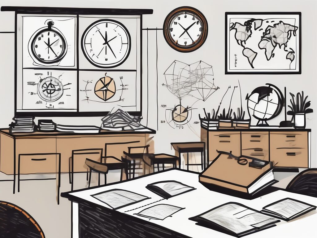 A classroom setting in singapore with various symbols representing challenges