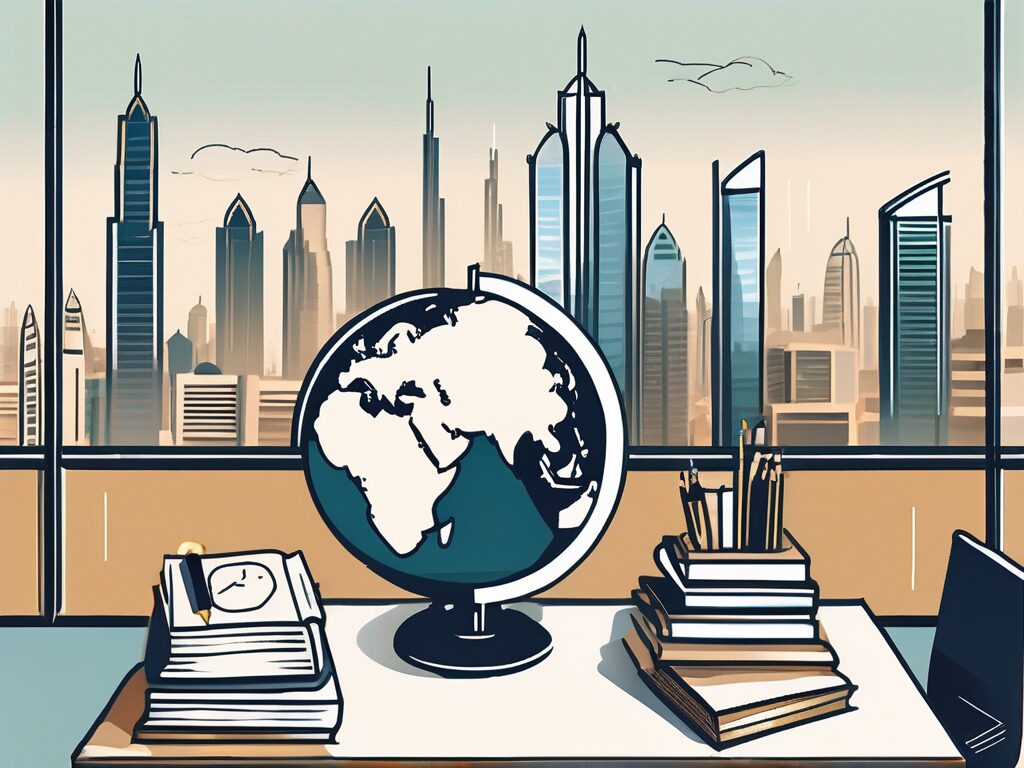 A classroom setting in dubai with a view of the city's iconic skyline