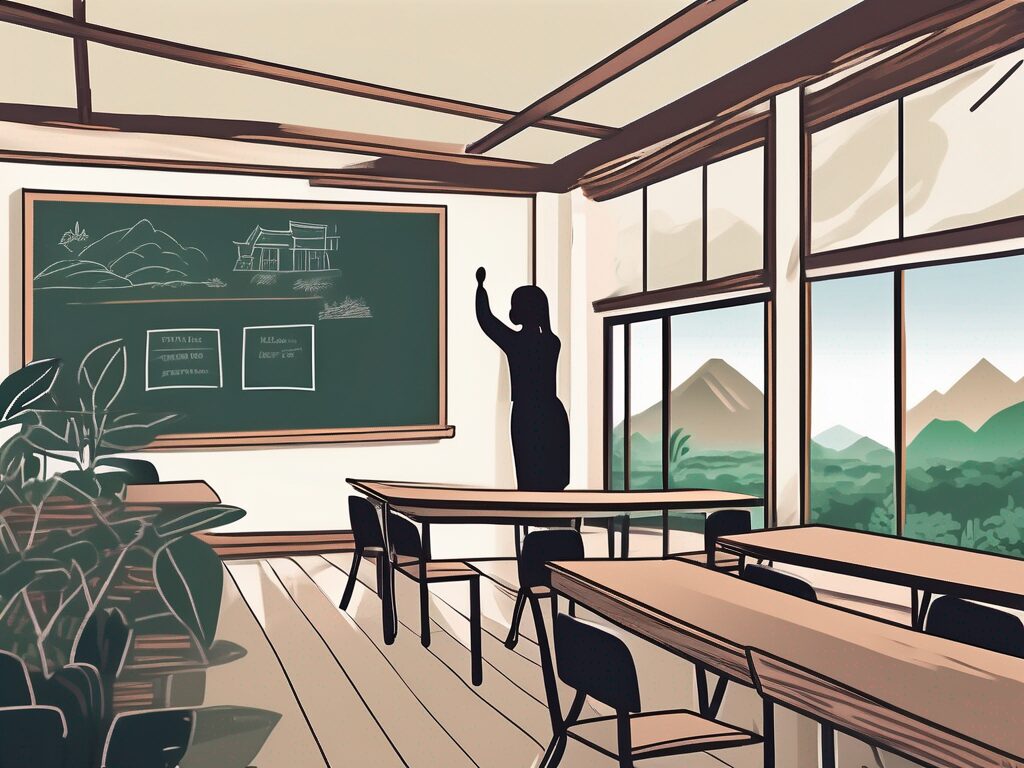 A classroom setting in thailand with a chalkboard