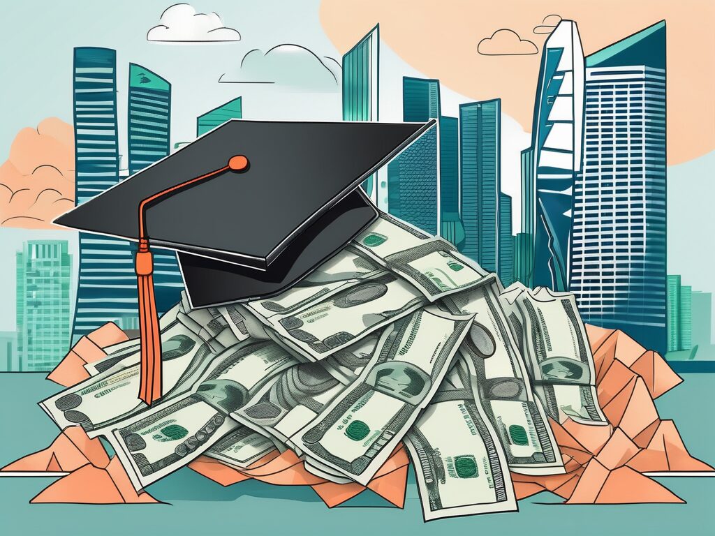 A graduation cap resting on top of a pile of singaporean dollars