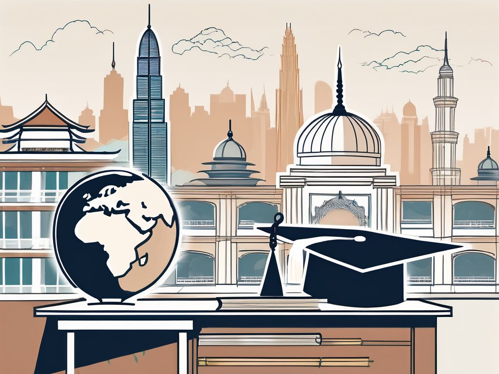 A classroom setting with a view of iconic malaysian landmarks in the background