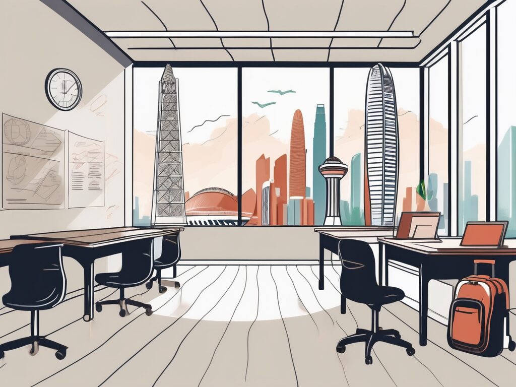 A well-decorated classroom with singapore's iconic landmarks visible through the window