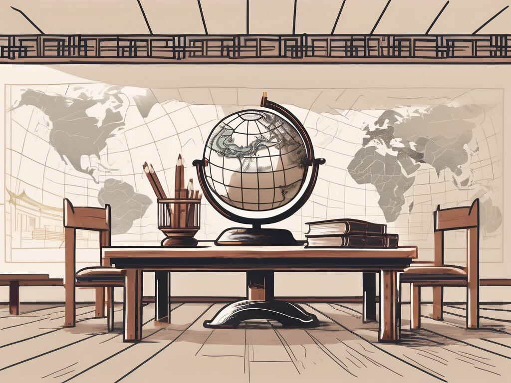A classroom setting with a globe