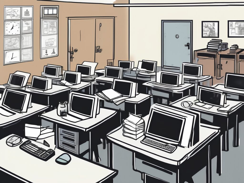 A classroom setting in china with various symbols representing common issues such as a broken computer for technology issues