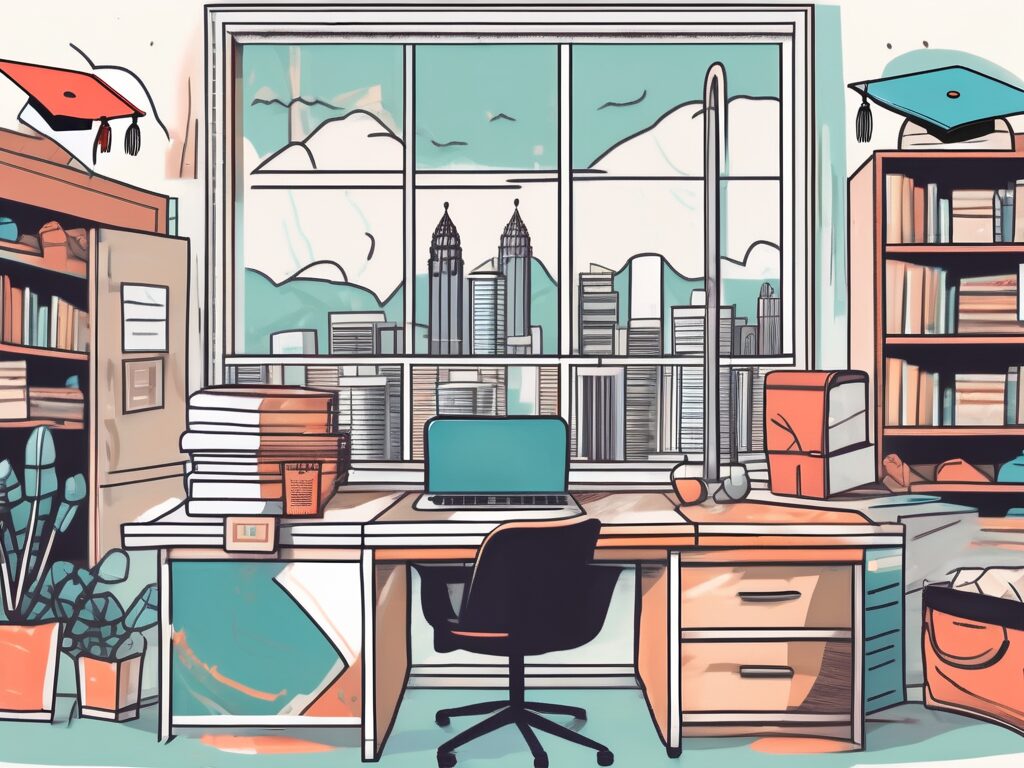 A classroom setting with a graduation cap and diploma on the teacher's desk