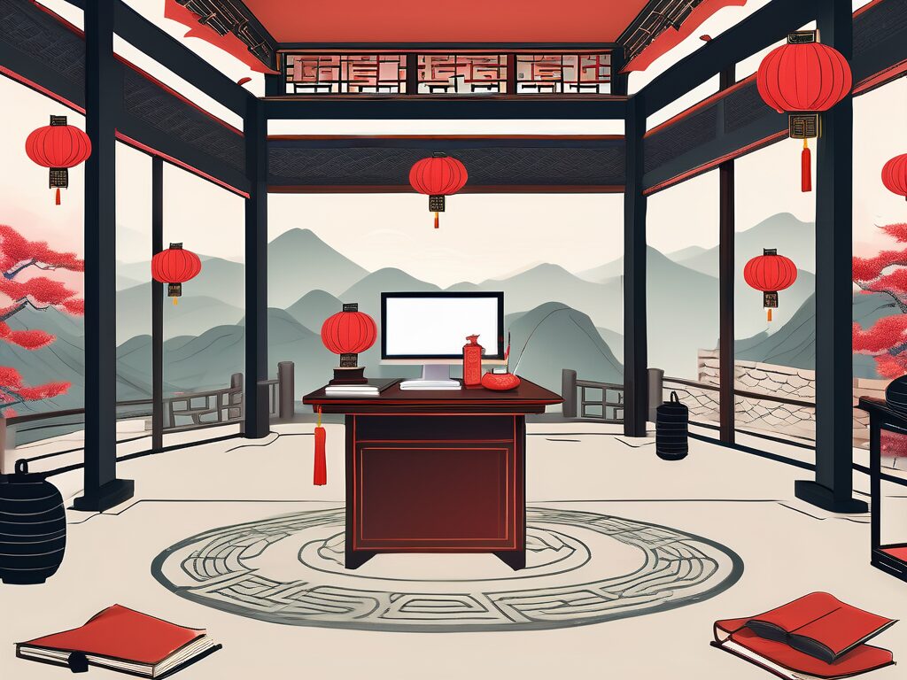 A traditional chinese classroom setting with an empty teacher's desk