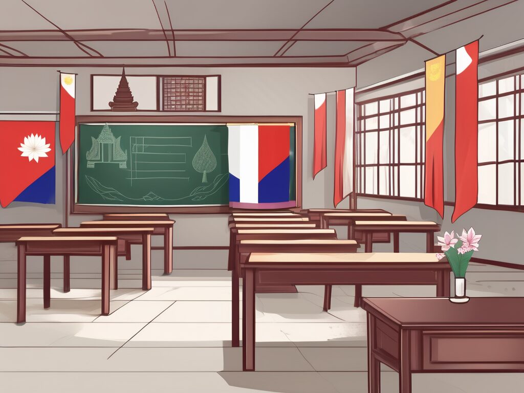 A classroom setting in thailand with cultural symbols such as the thai flag