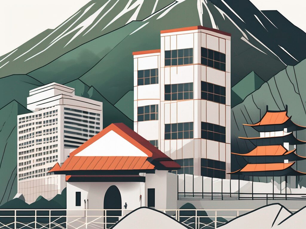 A school building surrounded by various symbolic barriers such as a high fence