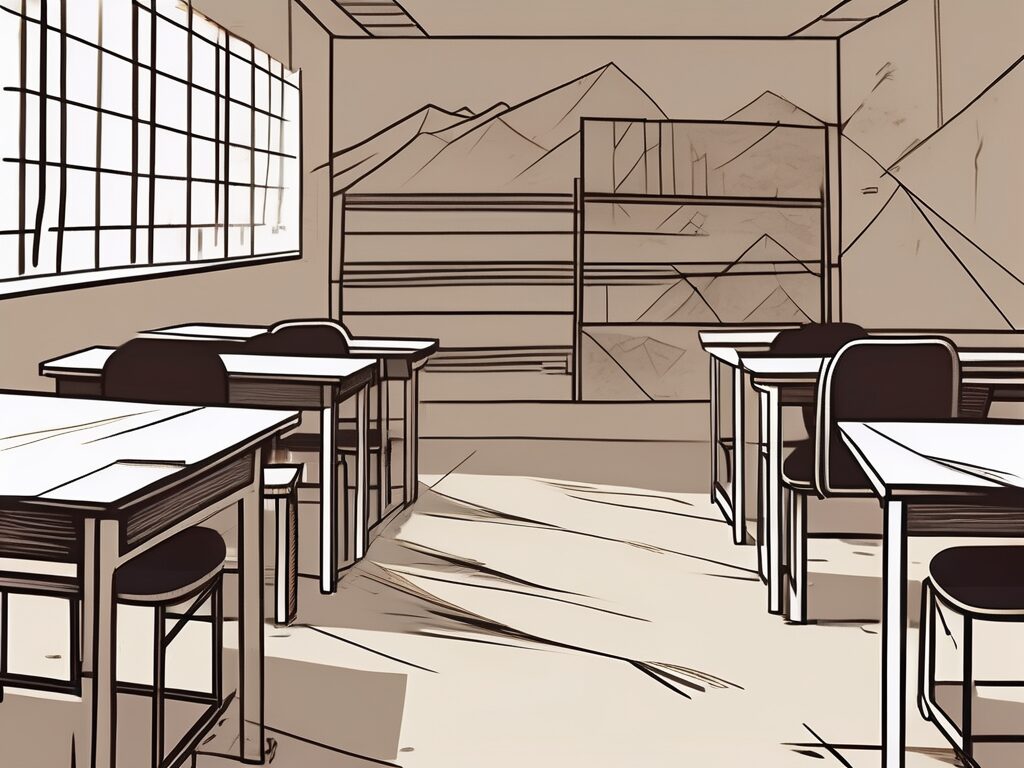A chinese classroom setting with visible obstacles like a high wall
