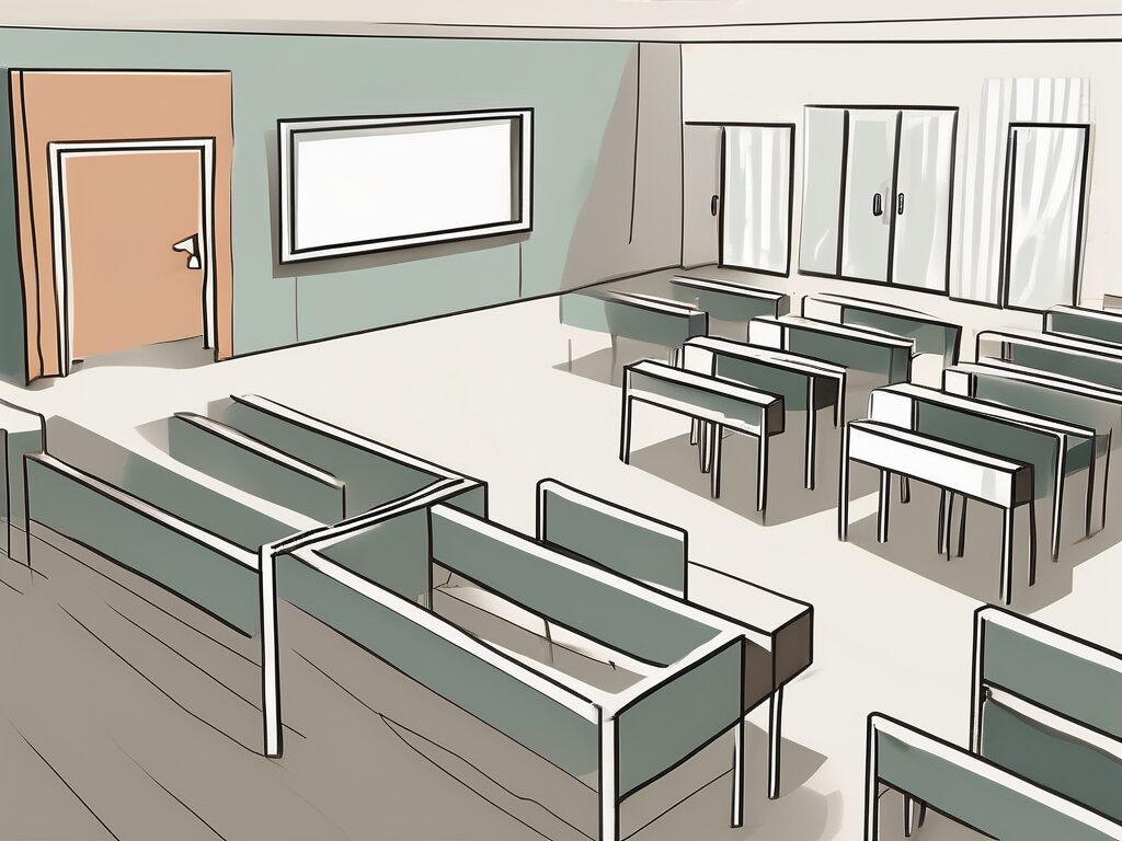 A classroom setting in dubai with visible barriers such as a locked gate