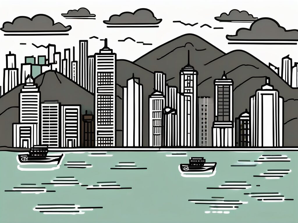 A symbolic representation of hong kong's skyline with six prominent barriers such as a locked gate