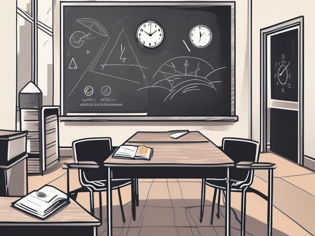 A classroom setting in dubai with a chalkboard