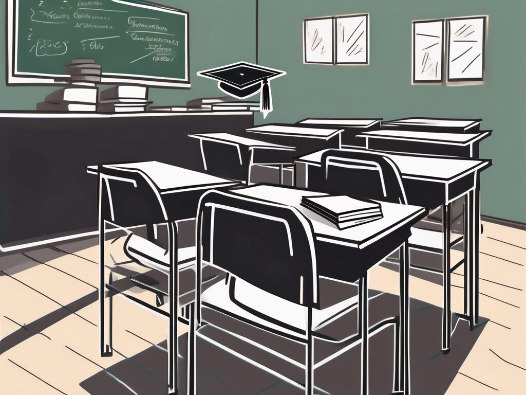 A classroom setting in dubai with empty chairs and desks